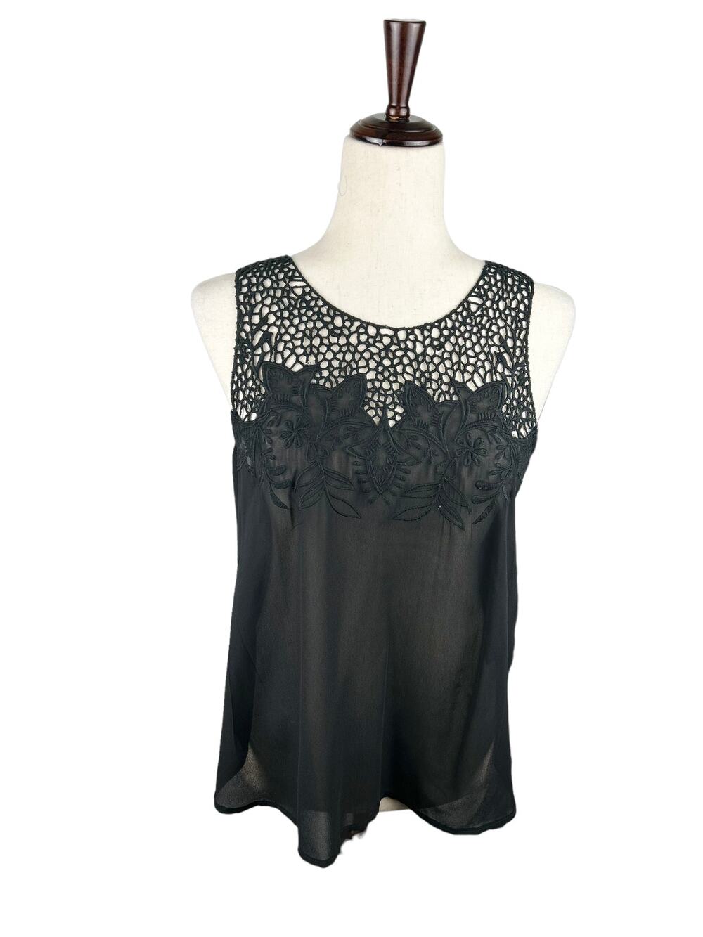 ASTR Sheer Black Sleeveless Top with Embroidered Floral Yoke Size M EUC